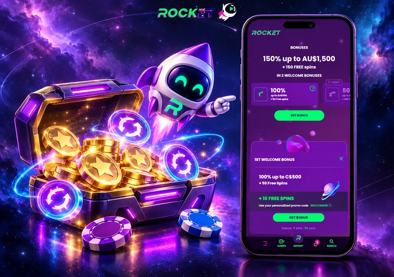 Rocket Casino bonus offers shine on a phone above a treasure chest and glowing coins